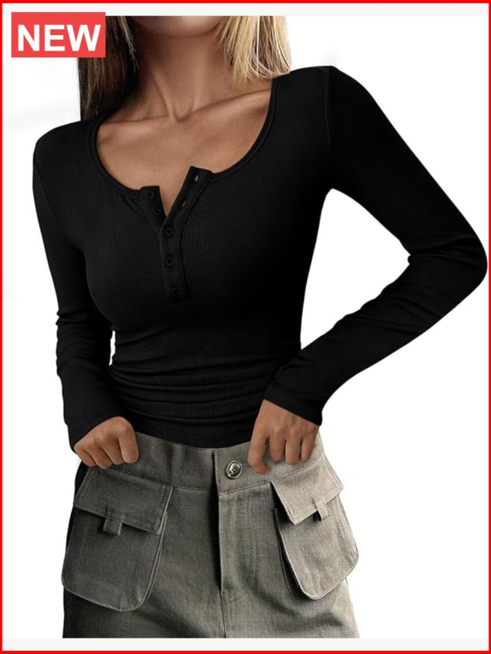 Long Sleeve Ribbed Knit Henley Top Slim Fit Button Front